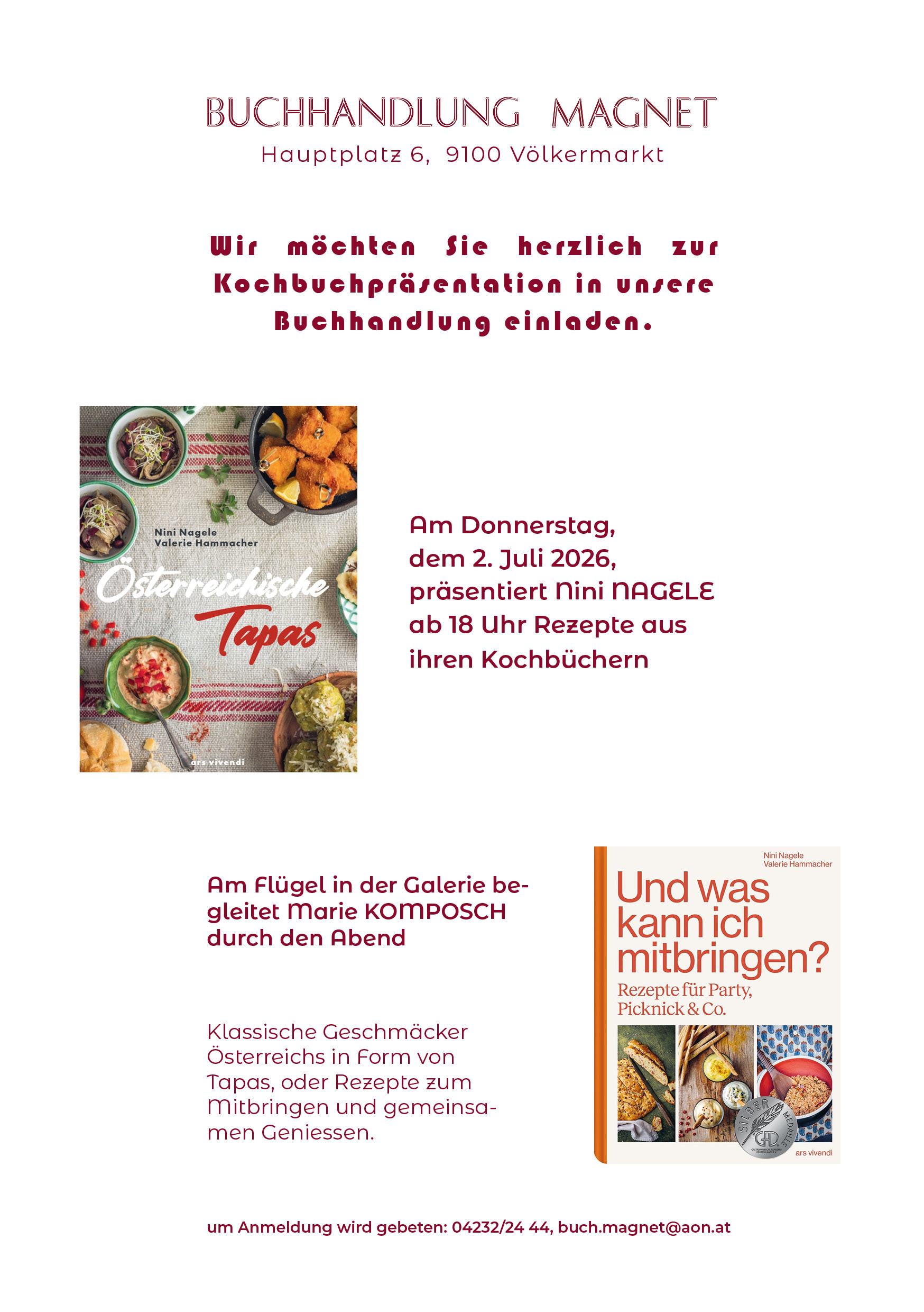Einladung Kochbuchpräsentation Nini Nagele am 2. Juli 2026 — Programm und Anmeldung